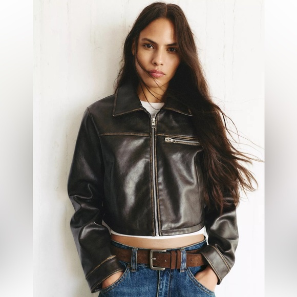 Pull & Bear Faux Leather Cropped Jacket Washed Brown Zip NWT Large